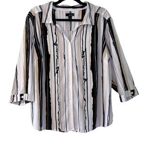 Erika stripe print collar button front blouse in neutral colors size 2X